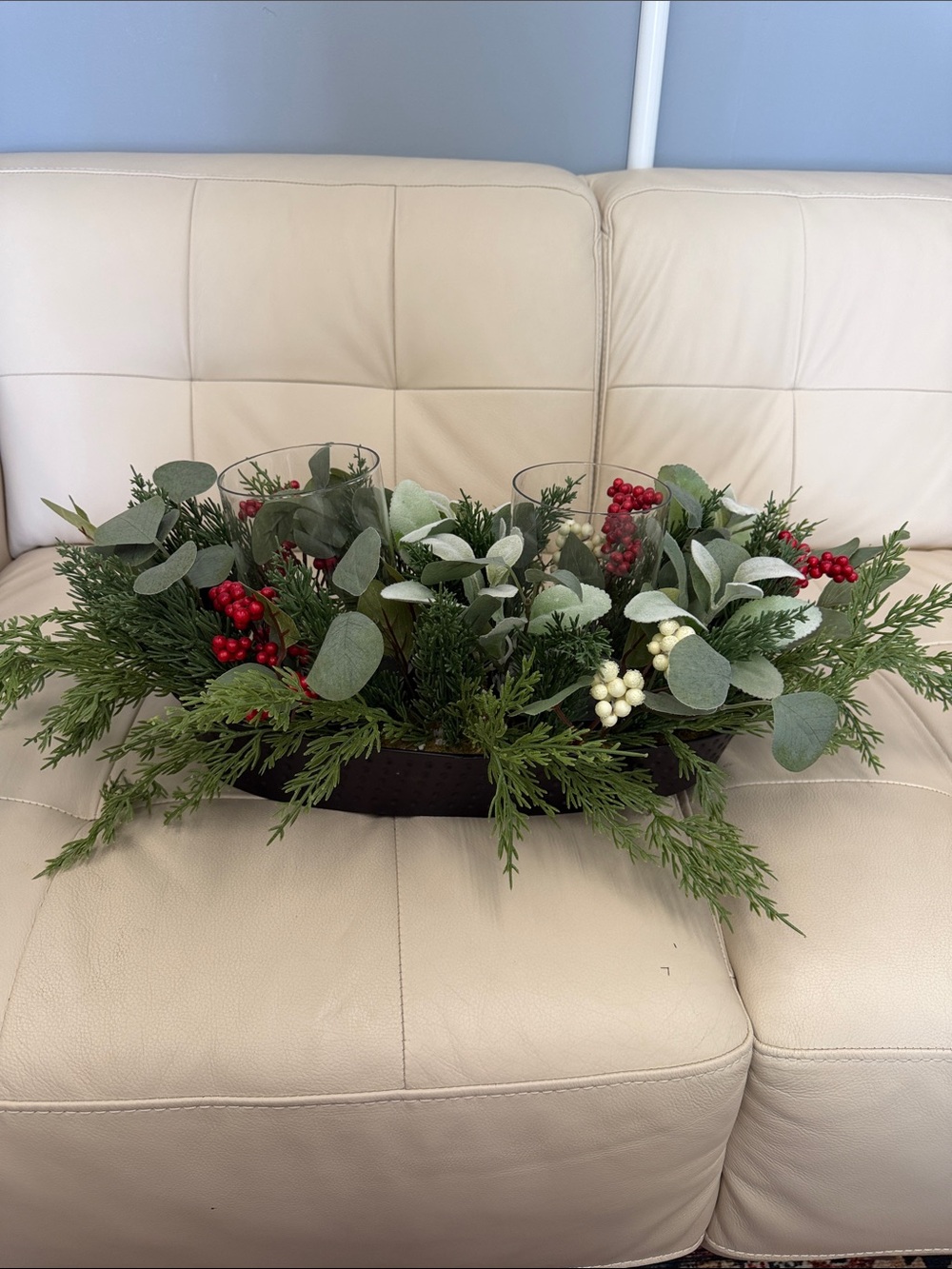 Holiday Eucalyptus and Berry Centerpiece with Candle Holders - Green & Red